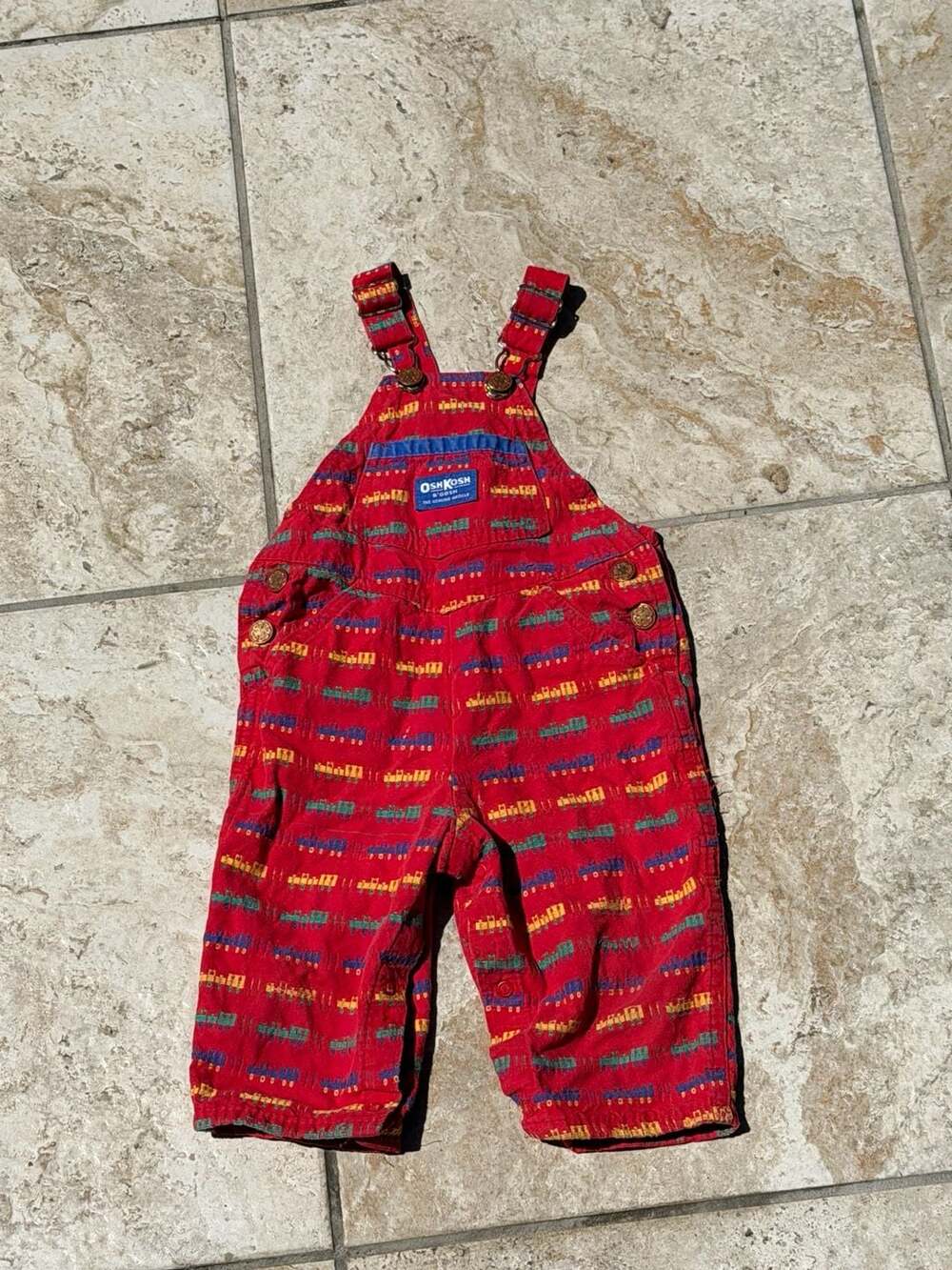 Vintage OshKosh B'Gosh Red Train Embroidered All-Over Print Overalls